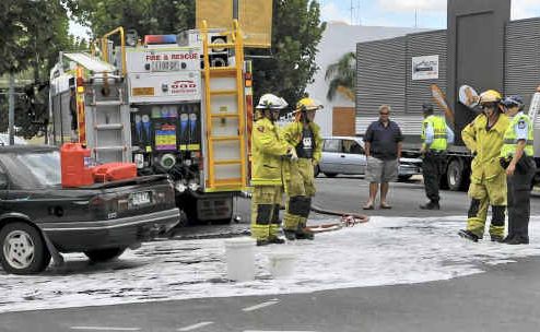 Foam and gravel is used on the fuel leak. Foam and gravel is used on the fuel leak.